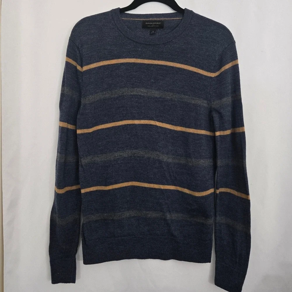 Banana Republic Merino Wool Sweater Men's S Blue Striped Crewneck Pullover‎ FA23